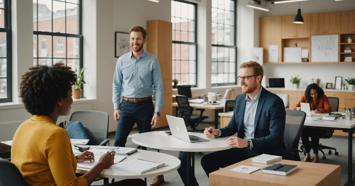 Diverse professional team in career development conversation