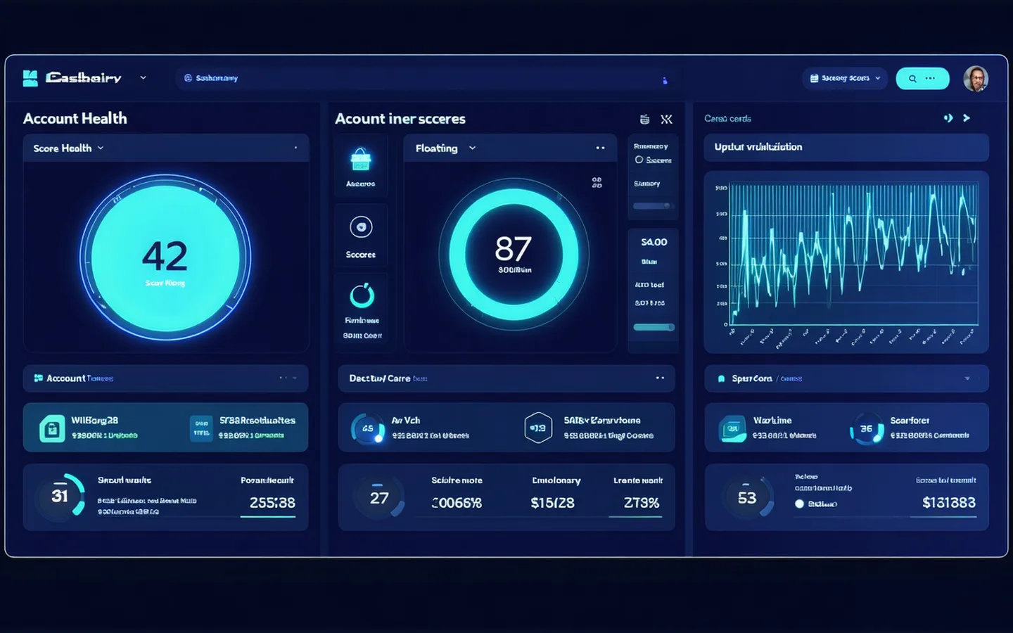 Succesvyx customer health score dashboard showing account list with risk indicators and trend charts